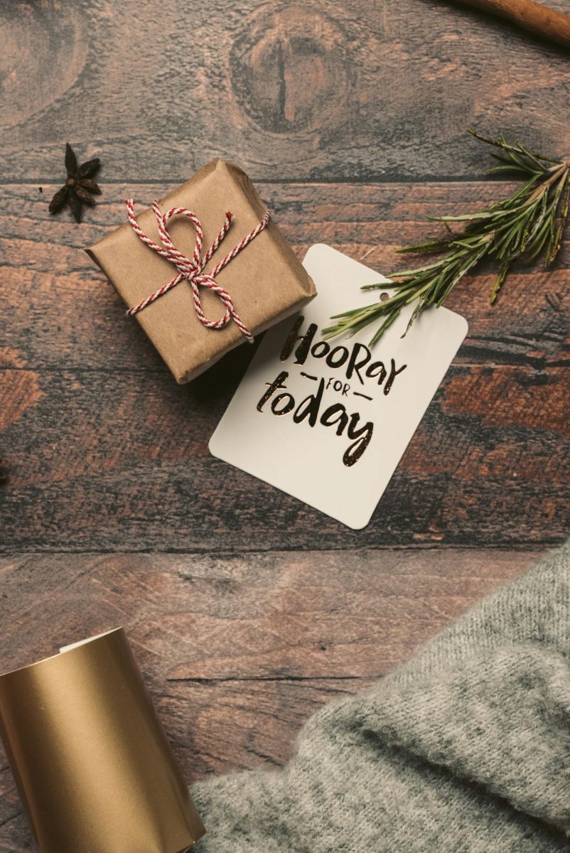 A small parcel with a hand-lettered gift tag