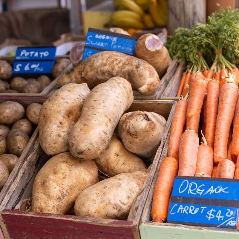 Organic potatoes, sweet potatoes and carrots in market crates