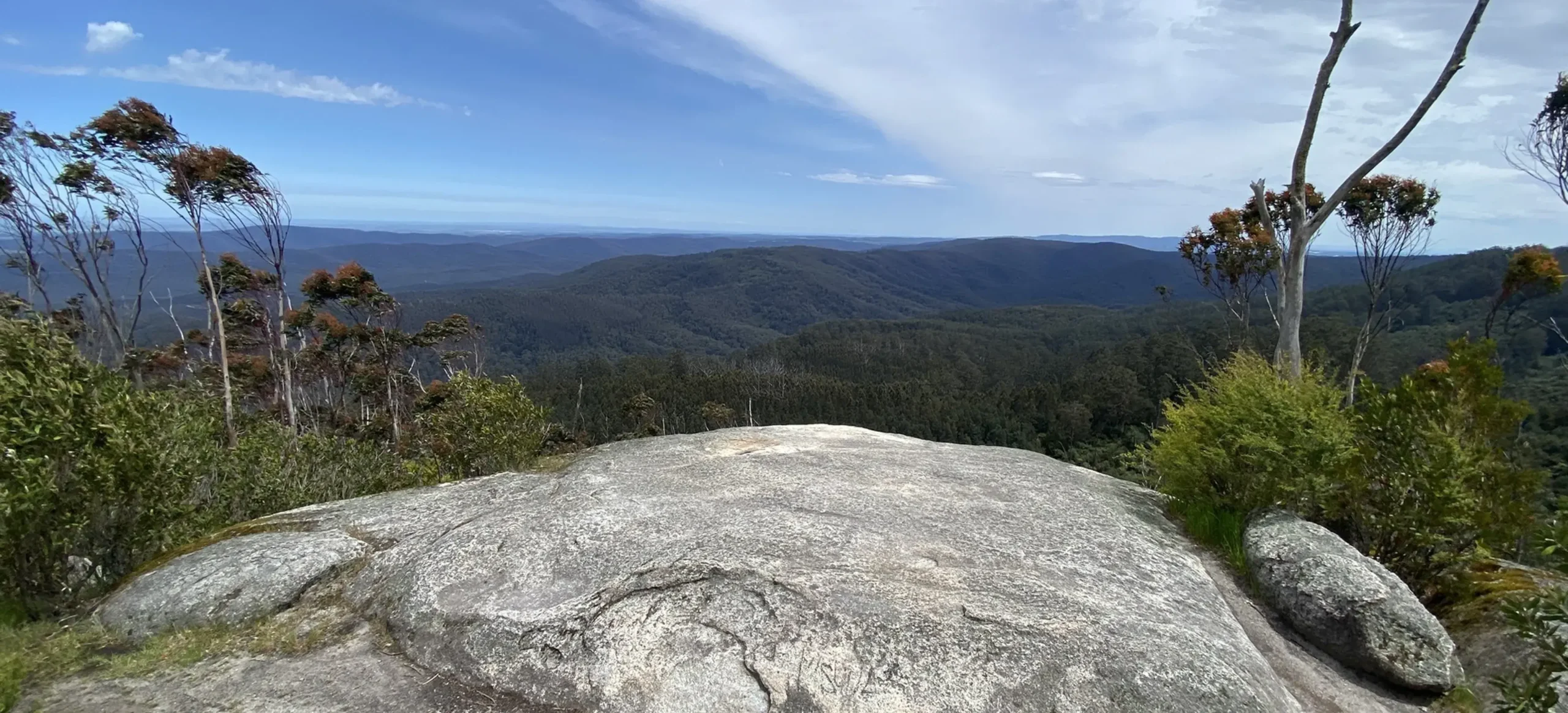 A large granite rock overlooking forested ranges