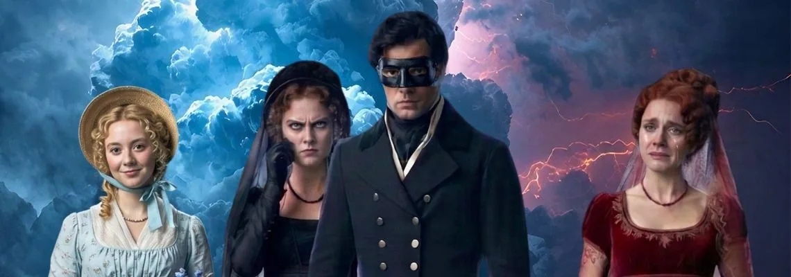 Four characters in Regency-era costume, including a masked man, stand against a dramatic stormy sky