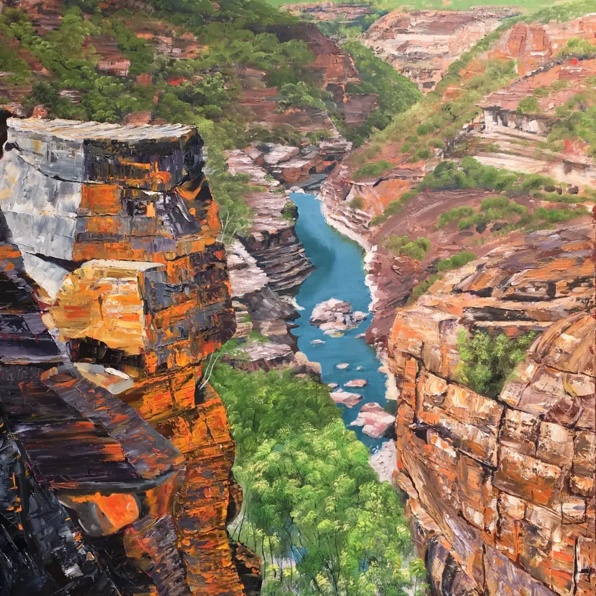 A painting of a deep red-rock gorge with a blue river below